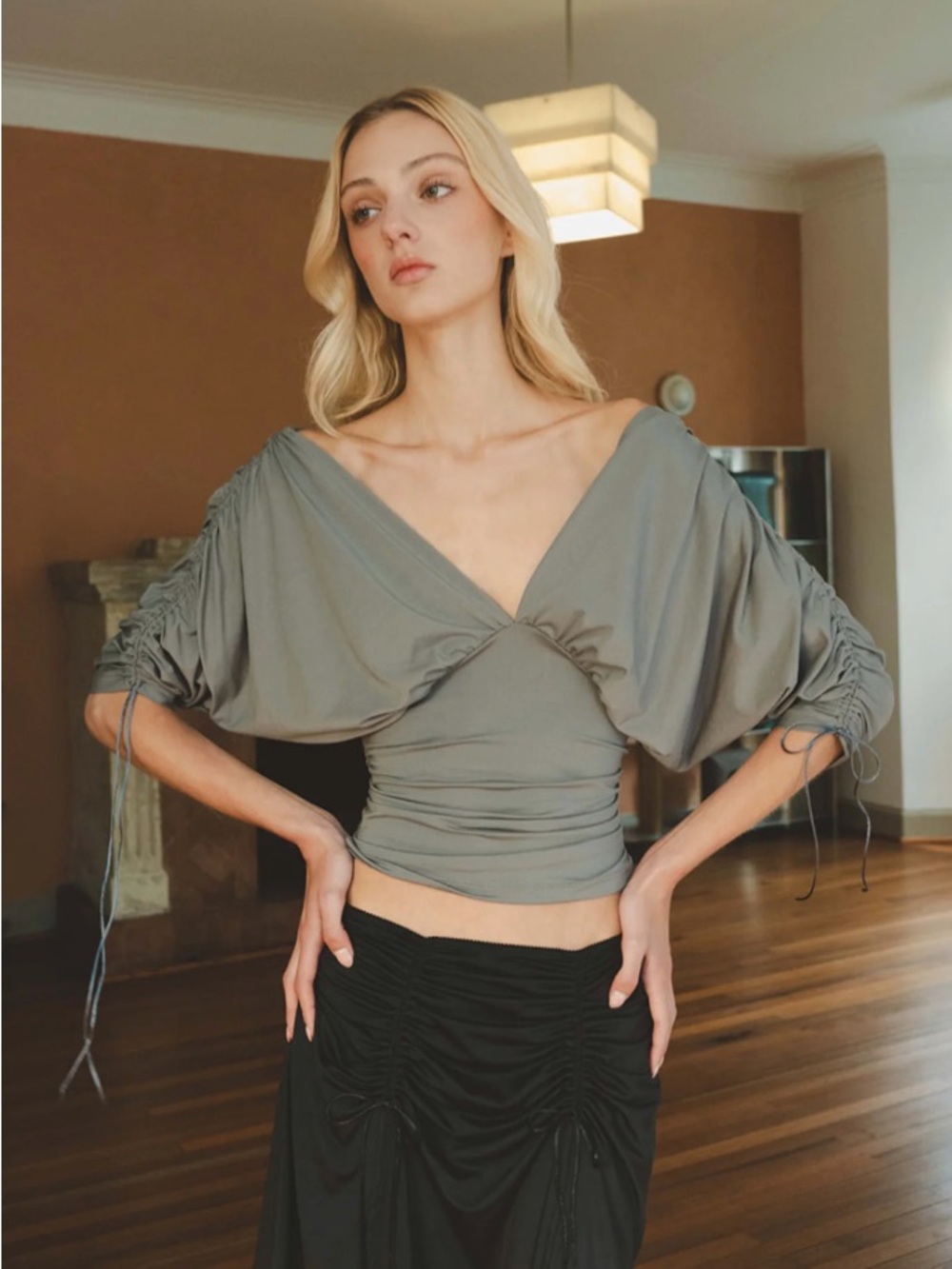 Mpaz Studio Paloma Deep-V Ruched 3/4 Sleeve Top